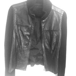 Elie Tahari : Leather and knitted black jacket